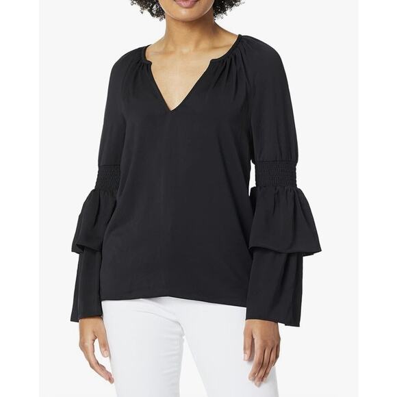 Ramy Brook Blouse Womens Med Lali Black Dramatic Bell Sleeve V-Neck Whimsigoth - Picture 1 of 12